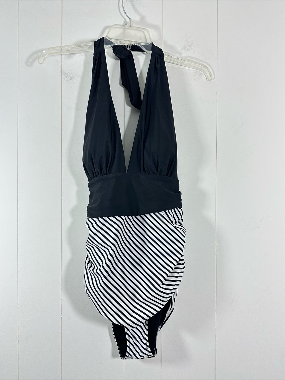 NEW Cupshe Sz L Black & White Striped Ruched Sides Maternity One-Piece Swimsuit